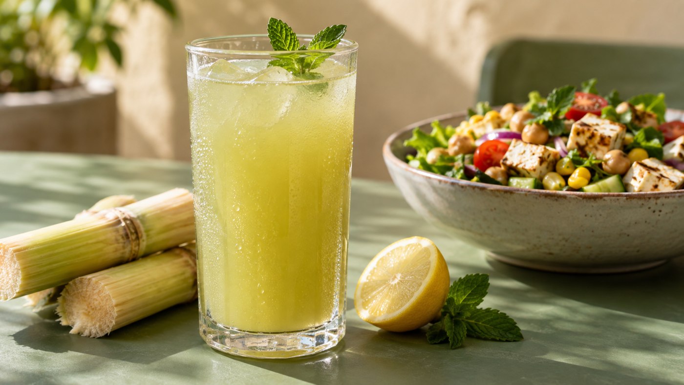 Fresh cane juice with lemon, mint and peeled sugarcane