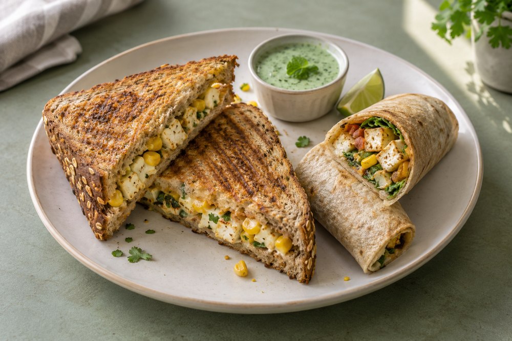 Grilled multigrain paneer sandwich with a whole-wheat wrap and mint dip